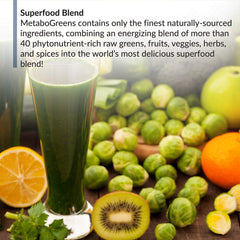 BioTrust Metabo Greens glass with berry mix illustrating energizing mornings