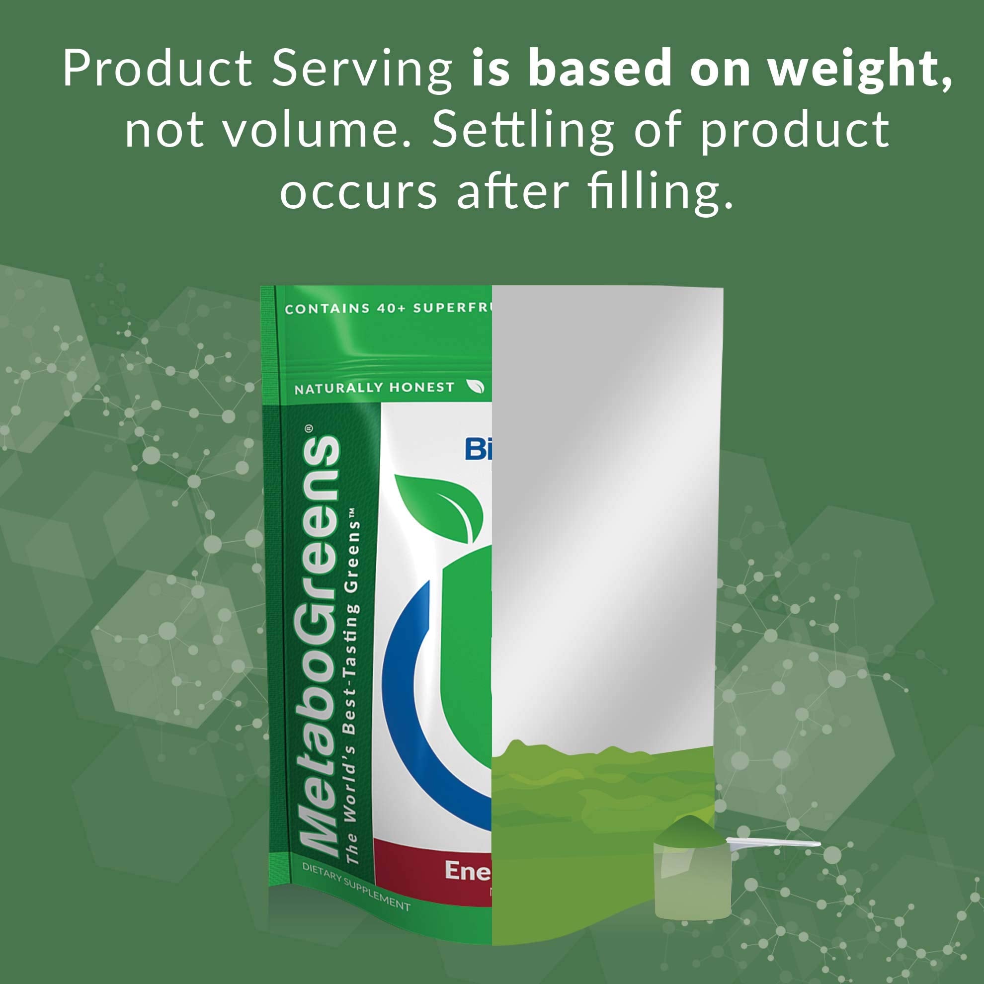 BioTrust Metabo Greens scoop in glass; hints of berry flavor and smooth mix