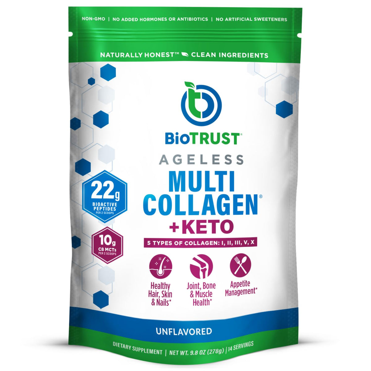 BioTrust Multi Collagen bottle with keto MCT oil for daily collagen support.