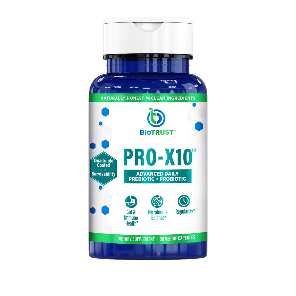BioTrust Pro-X10 bottle with capsules supports gut balance.