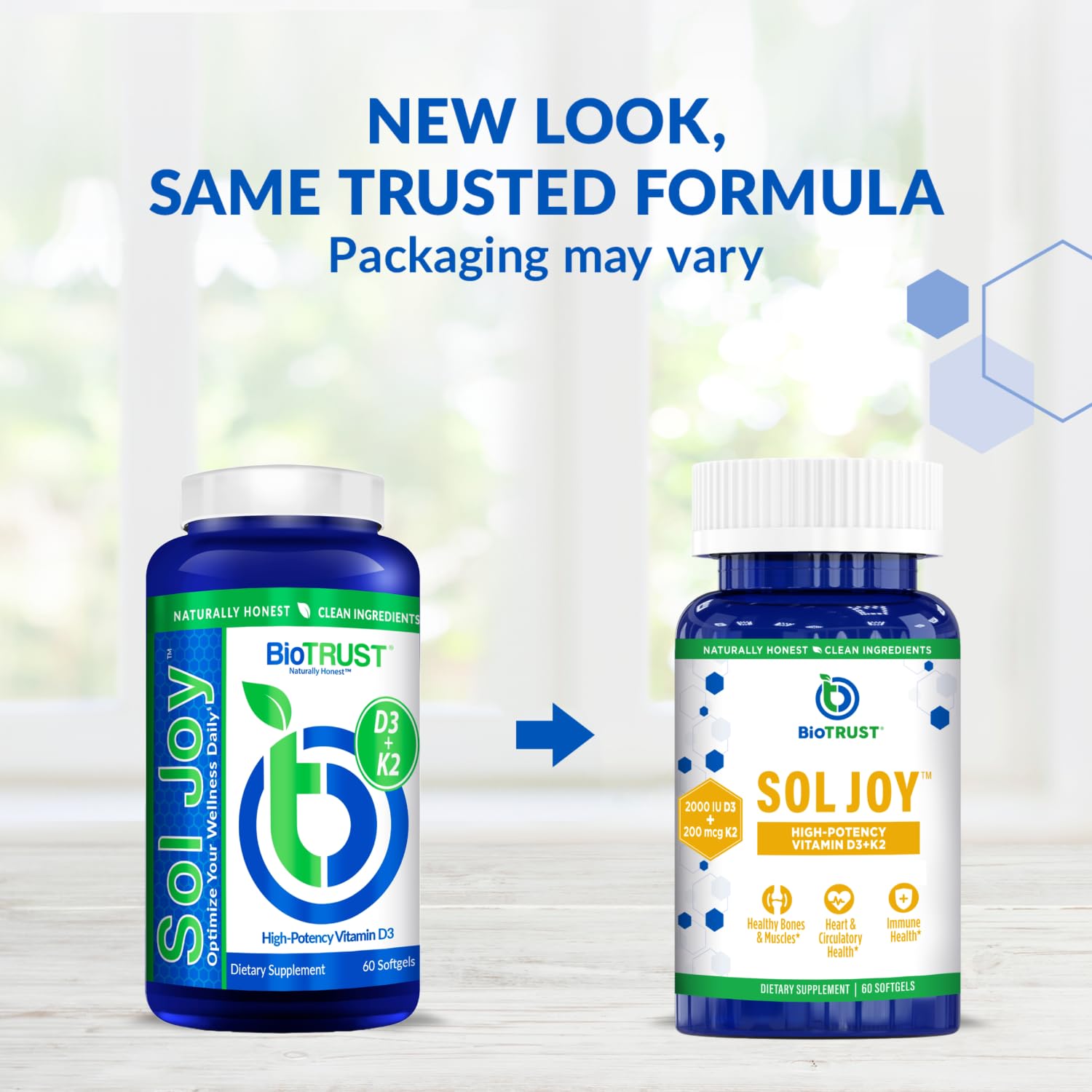 BioTrust Sol Joy bottle close-up highlights easy-to-swallow daily softgels