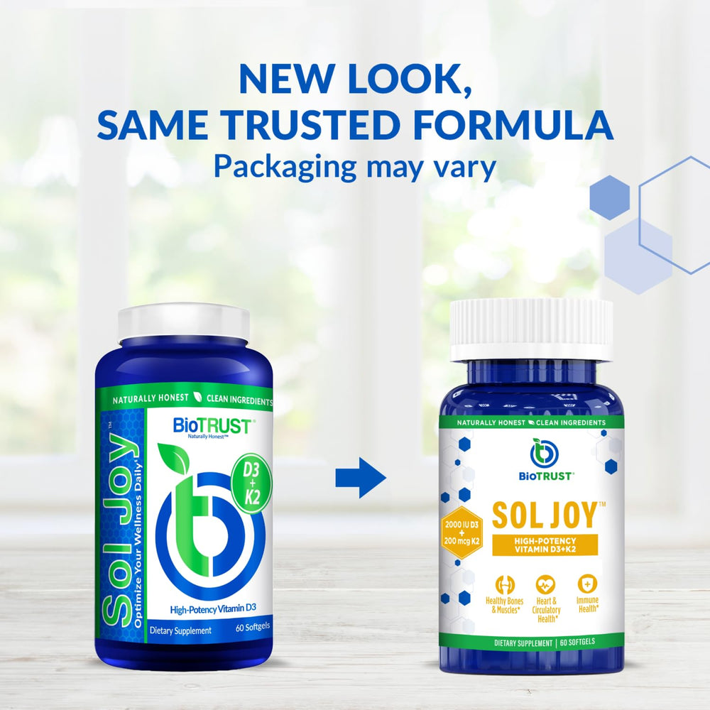 BioTrust Sol Joy bottle close-up highlights easy-to-swallow daily softgels