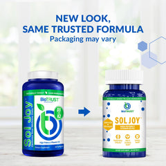 BioTrust Sol Joy bottle close-up highlights easy-to-swallow daily softgels