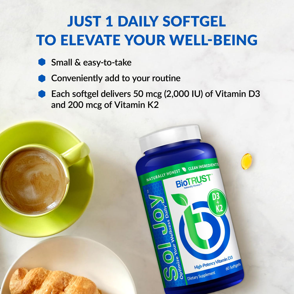 BioTrust Sol Joy daily softgel bottle conveys convenient dosing