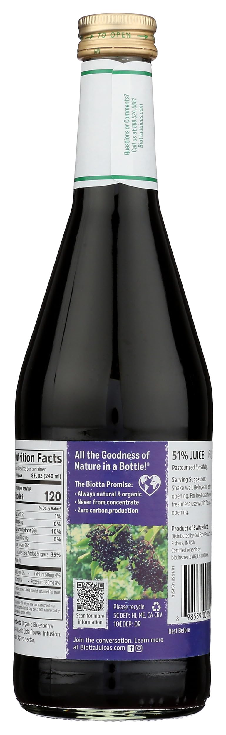 Biotta elderberry juice bottle back label highlights ingredients