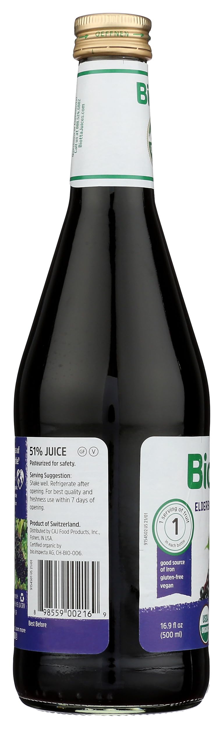 Biotta elderberry juice ingredients list close-up