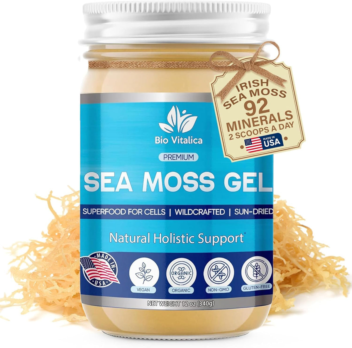 BioVitalica Sea Moss Gel bottle on countertop, convenient daily-use packaging