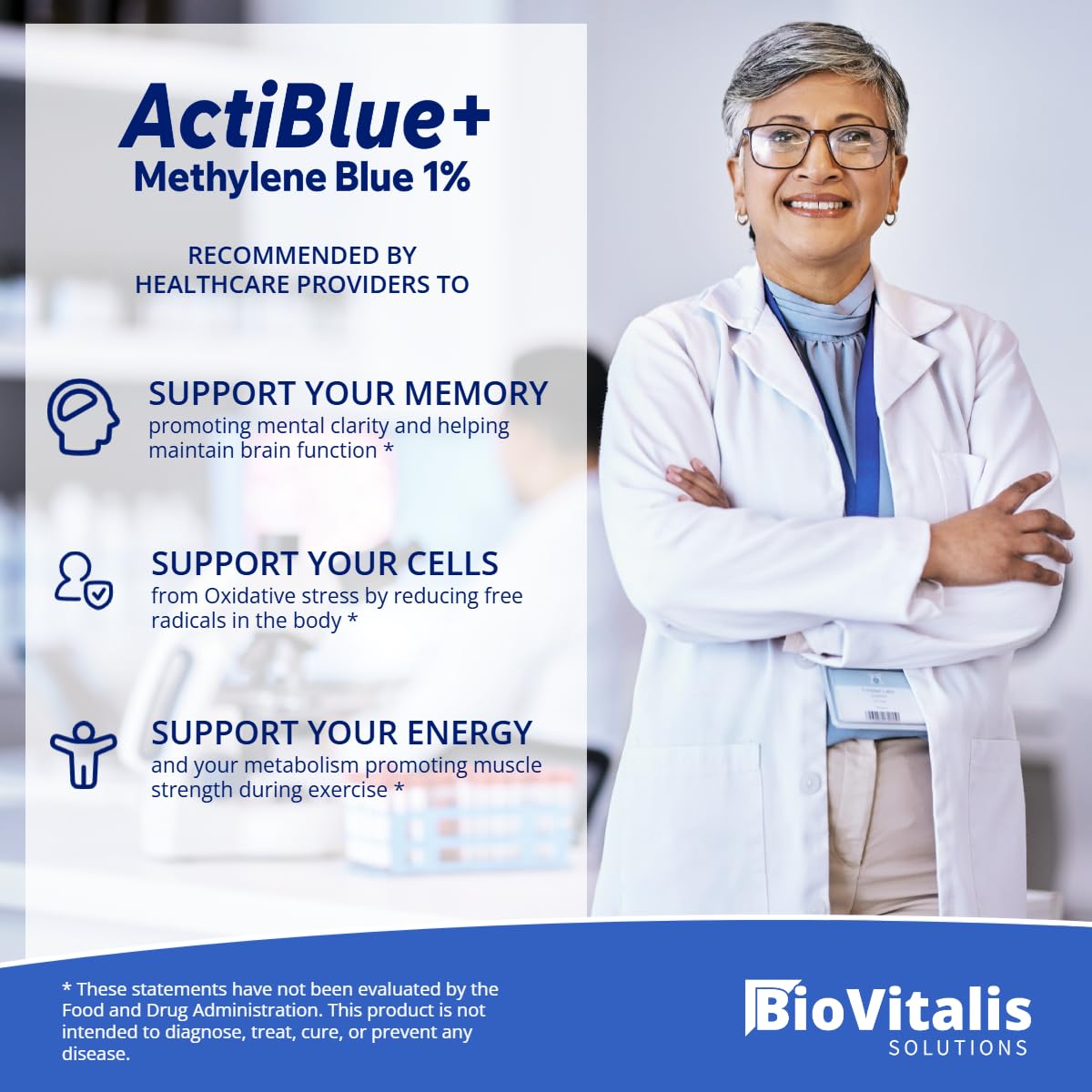 Close-up of Biovitalis Actiblue+ blue methylene blue solution