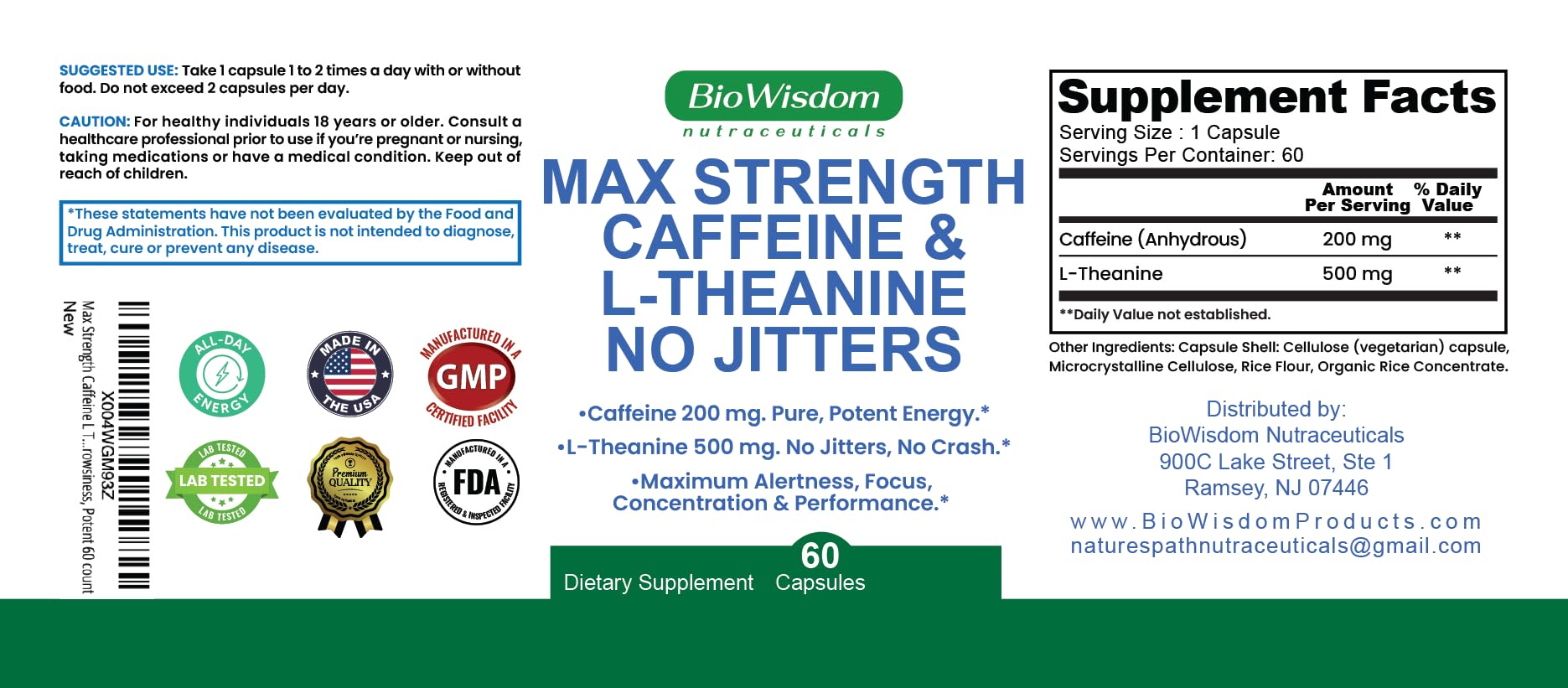 BioWisdom Max Strength bottle close-up showing a 60-count supply for sustained alertness.