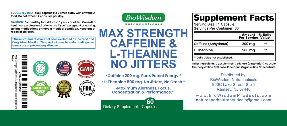 BioWisdom Max Strength bottle close-up showing a 60-count supply for sustained alertness.