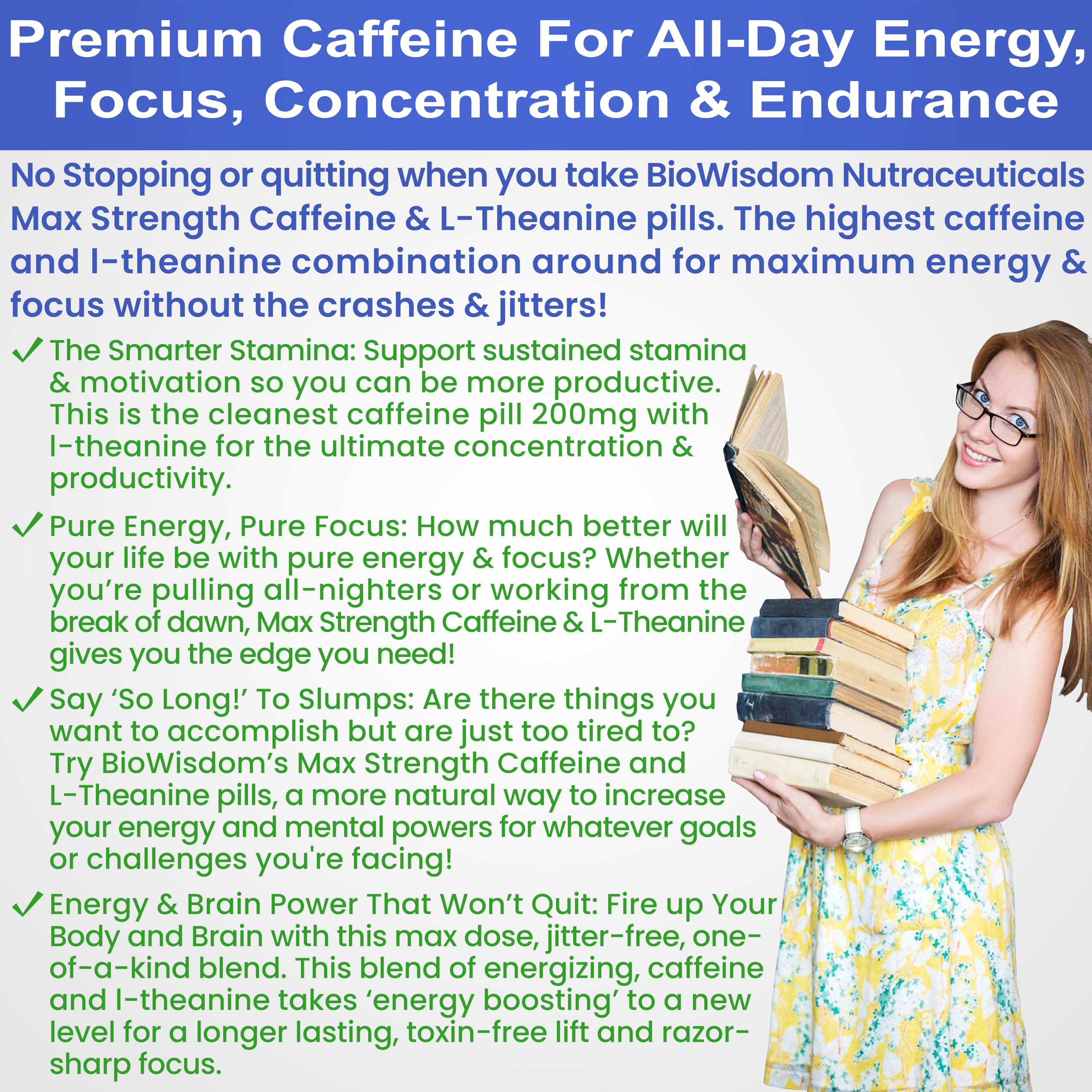 BioWisdom Max Strength label close-up with 200 mg caffeine and 500 mg L-Theanine per pill.