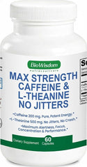 BioWisdom Max Strength caffeine-l-theanine pills pack front for focused energy.
