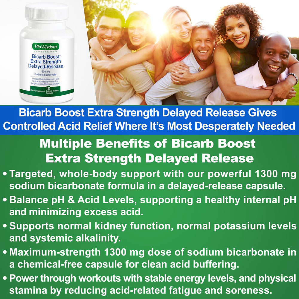 BioWisdom Bicarb Boost label illustrates optimized electrolyte balance and alkalinity