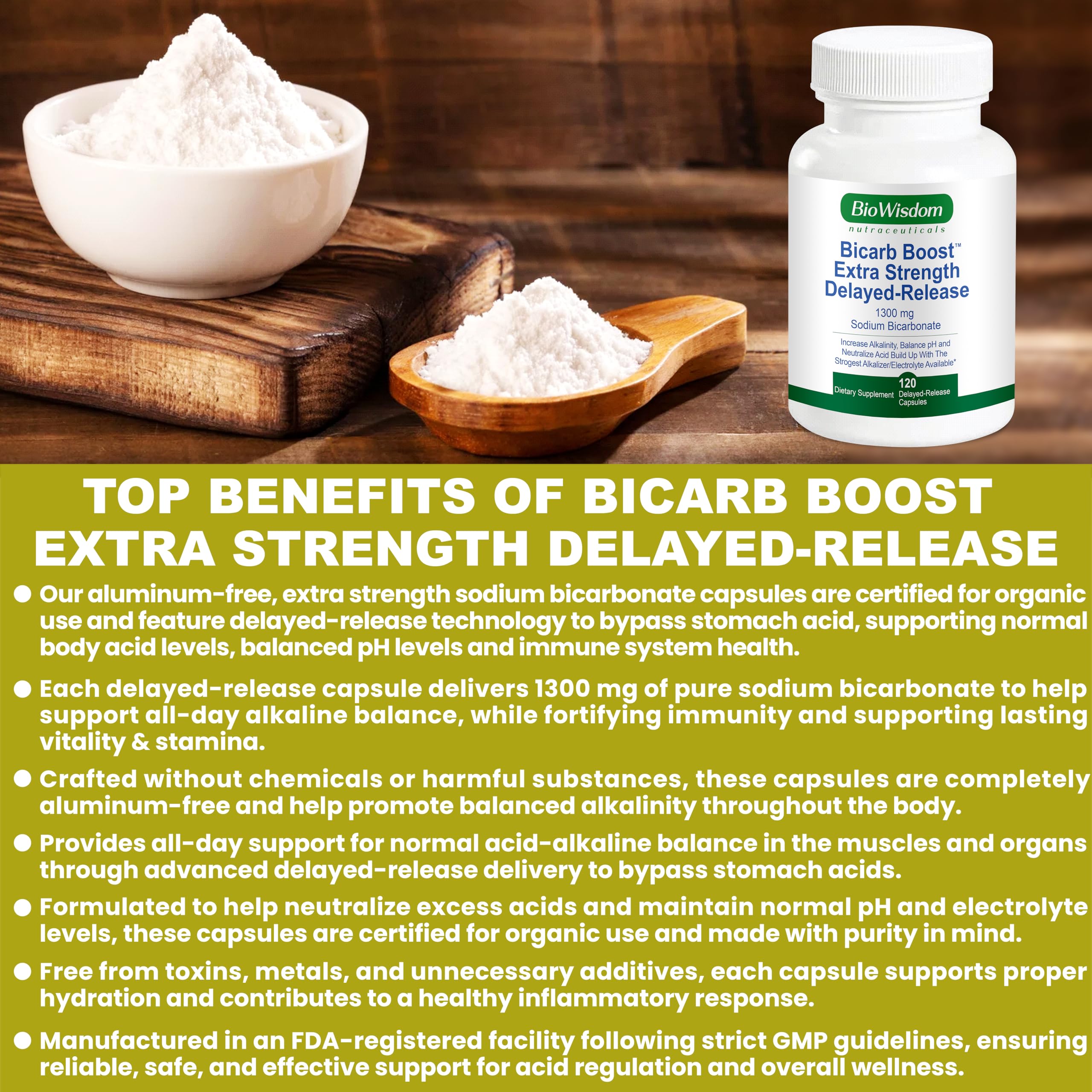 BioWisdom Bicarb Boost made in USA label emphasizes quality ingredients