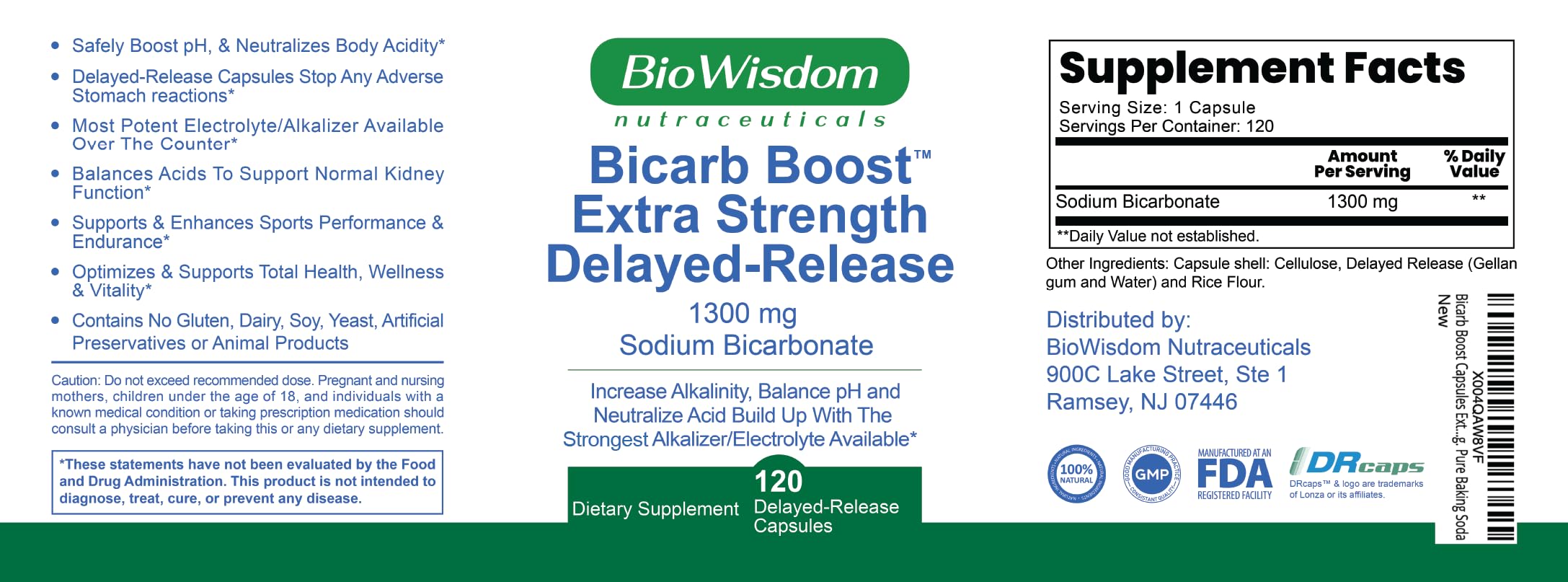 BioWisdom Bicarb Boost packaging shows a 120-pill supply