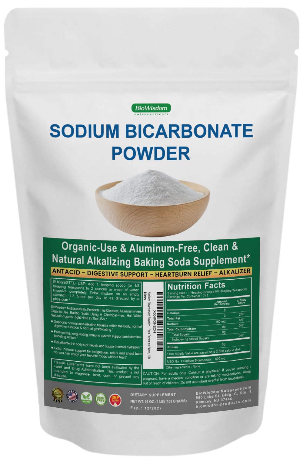 BioWisdom Sodium Bicarbonate Powder in bulk packaging, showcasing purity and convenience for daily use.