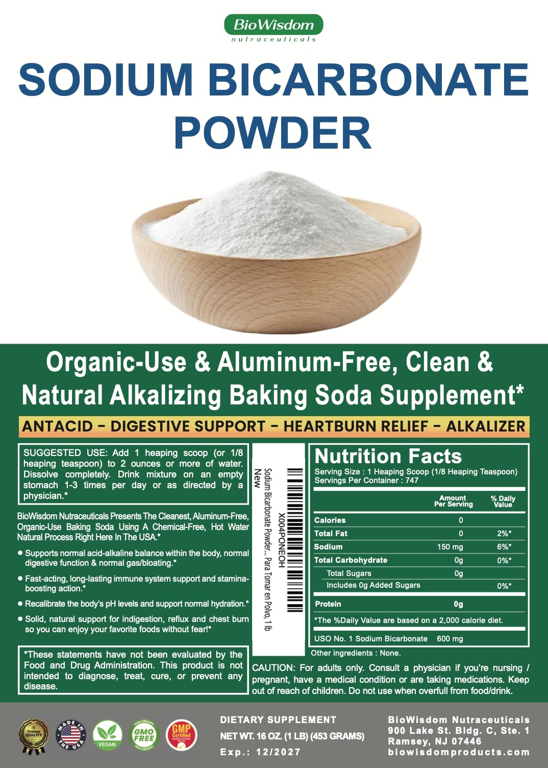 BioWisdom Sodium Bicarbonate Powder measured for everyday cooking and baking tasks.