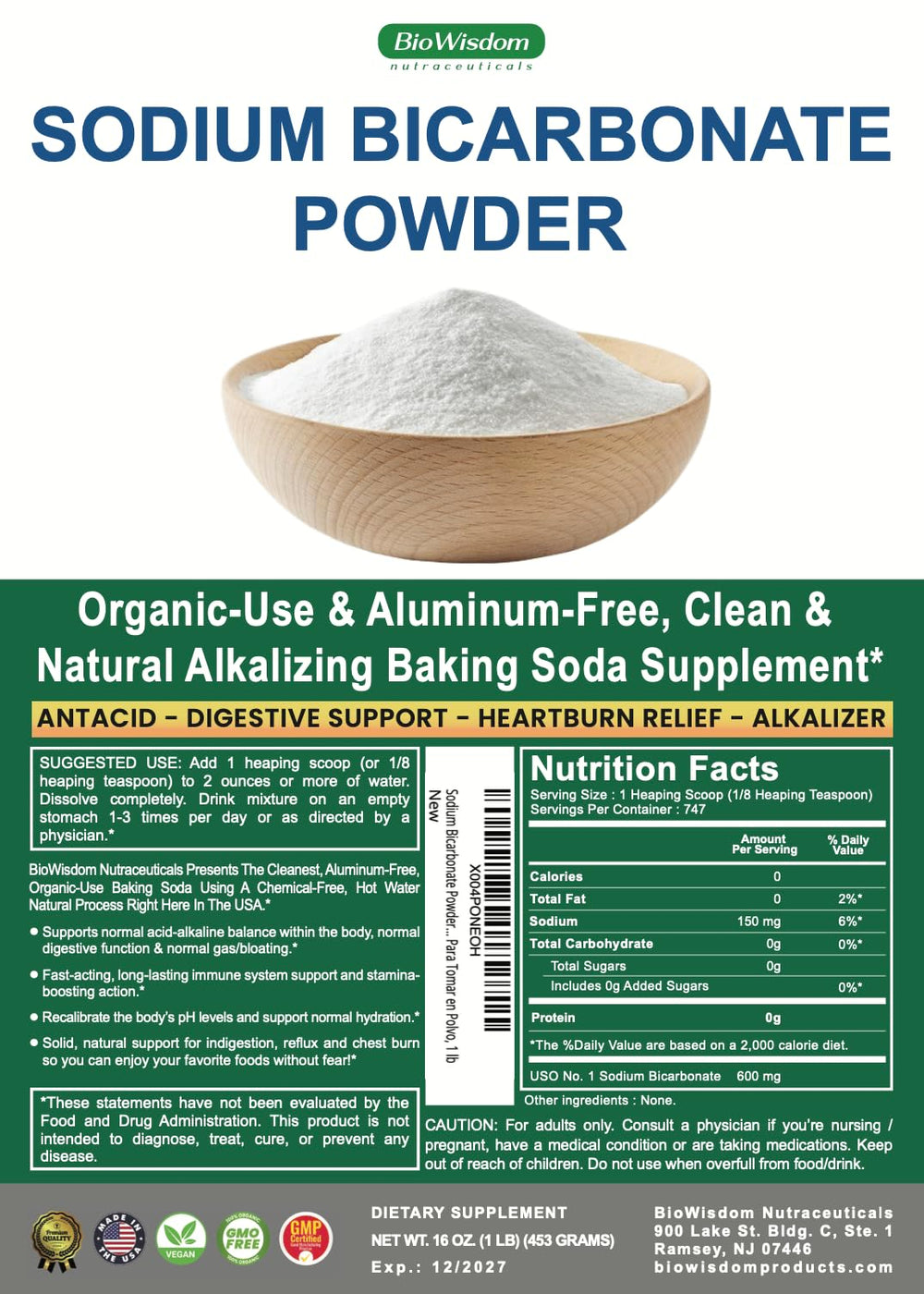 BioWisdom Sodium Bicarbonate Powder measured for everyday cooking and baking tasks.