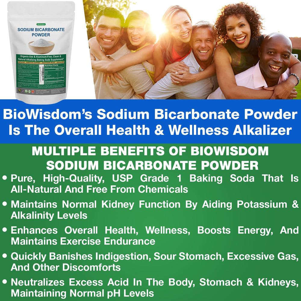 BioWisdom Sodium Bicarbonate Powder pouring bottle demonstrates easy dosing and bulk convenience.