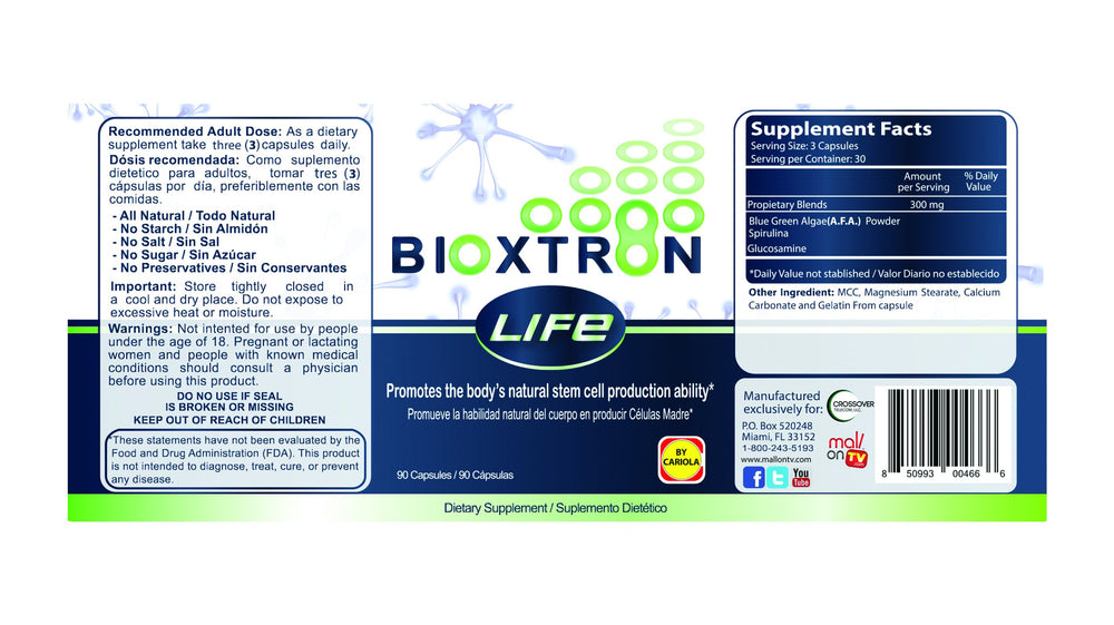 Bioxtron Life blue-green algae ingredients highlight nutrients.