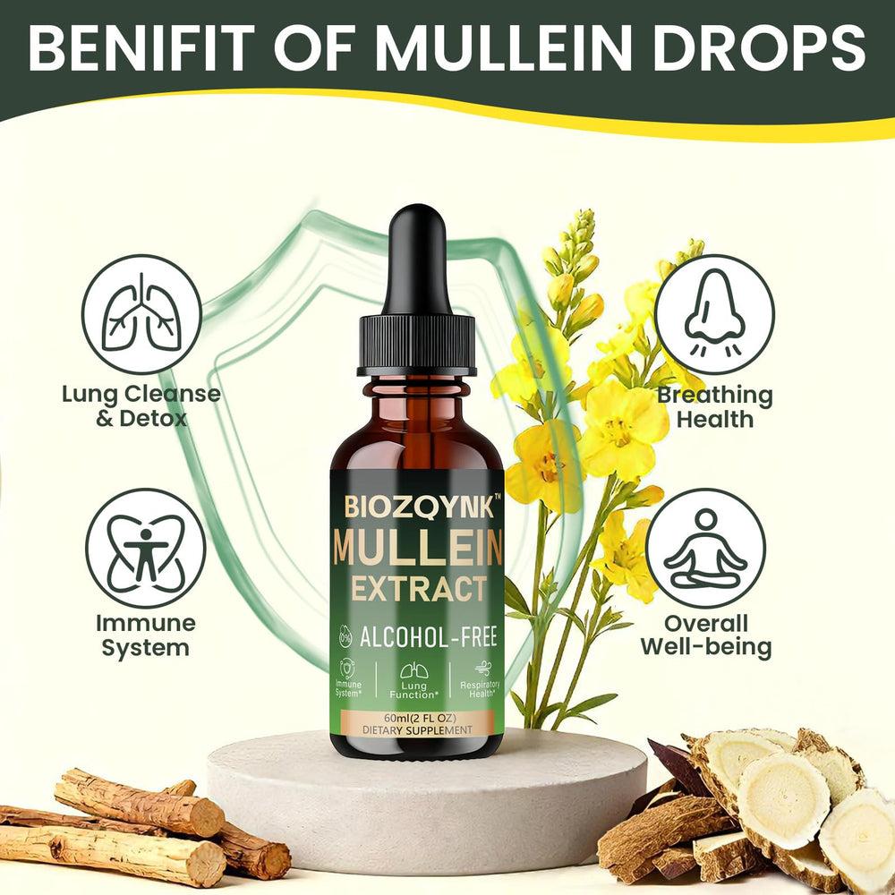 BIOZQYNK Mullein Drops label front highlights natural plant ingredients.