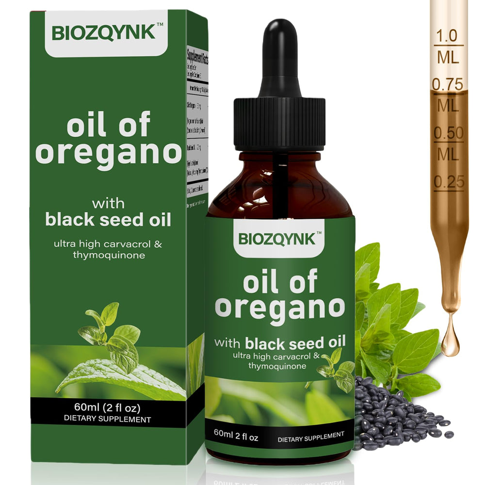 BIOZQYNK oil of oregano and black seed bottle pour for quick absorption