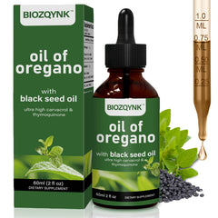 BIOZQYNK oil of oregano and black seed bottle pour for quick absorption