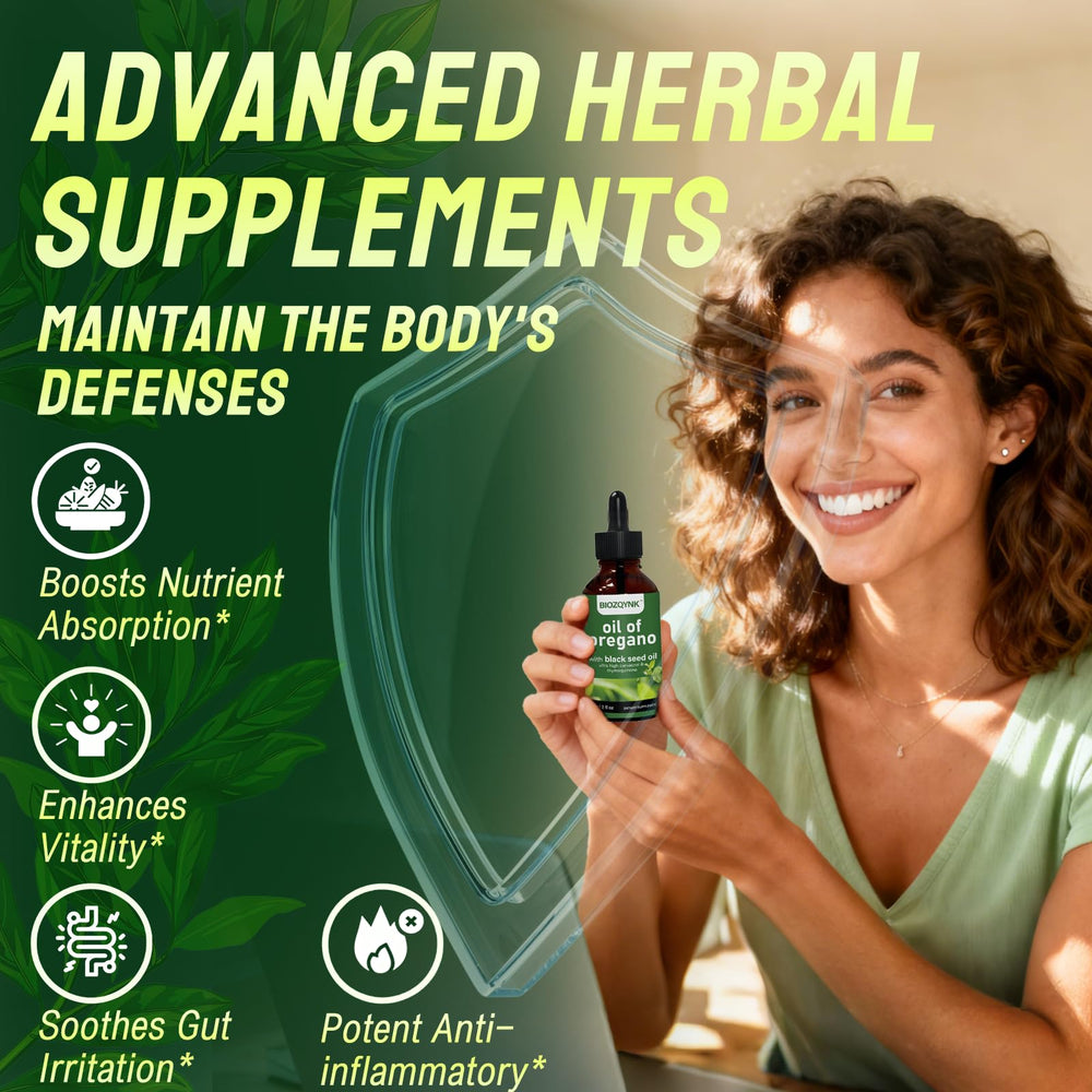BIOZQYNK oil with oregano leaves beside the bottle