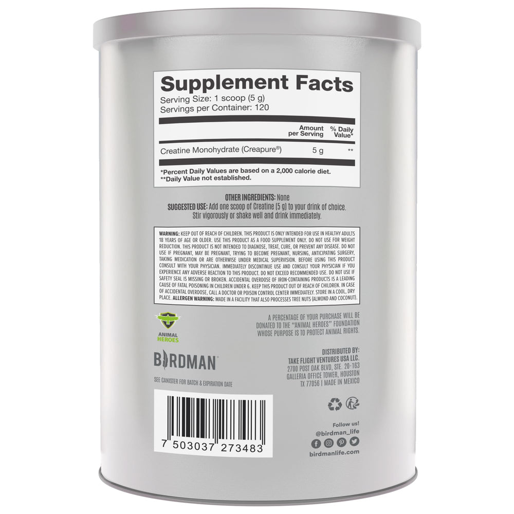 Birdman creatine monohydrate label close-up showing Creapure certification