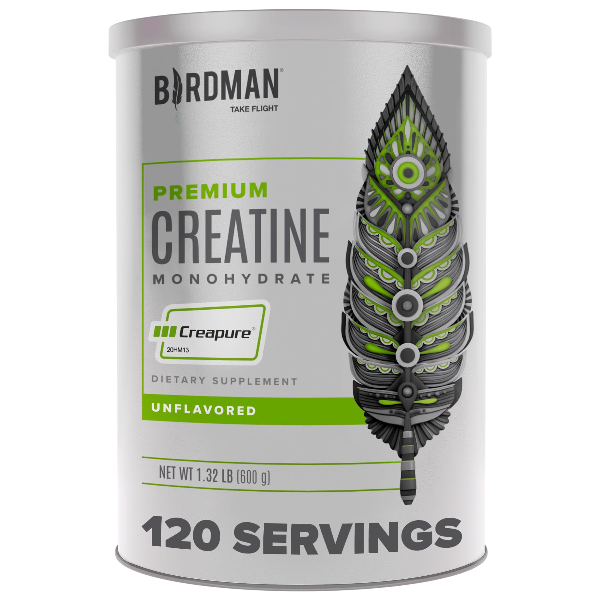 Birdman creatine monohydrate tub front view highlighting purity