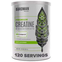 Birdman creatine monohydrate tub front view highlighting purity