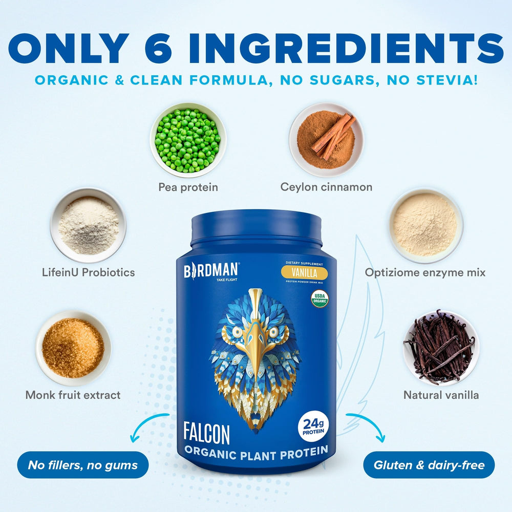 Birdman Falcon vanilla flavor powder shown beside a vibrant smoothie
