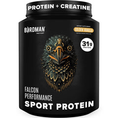 Birdman Falcon Performance vanilla bottle showing sugar-free, plant-based protein for daily workouts