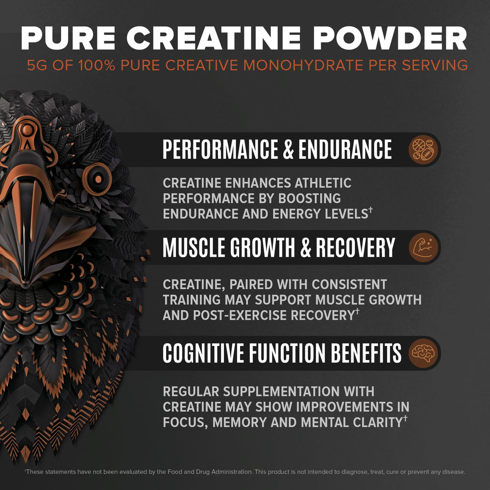 Birdman Falcon Performance creatine scoop beside label, illustrating added power support.