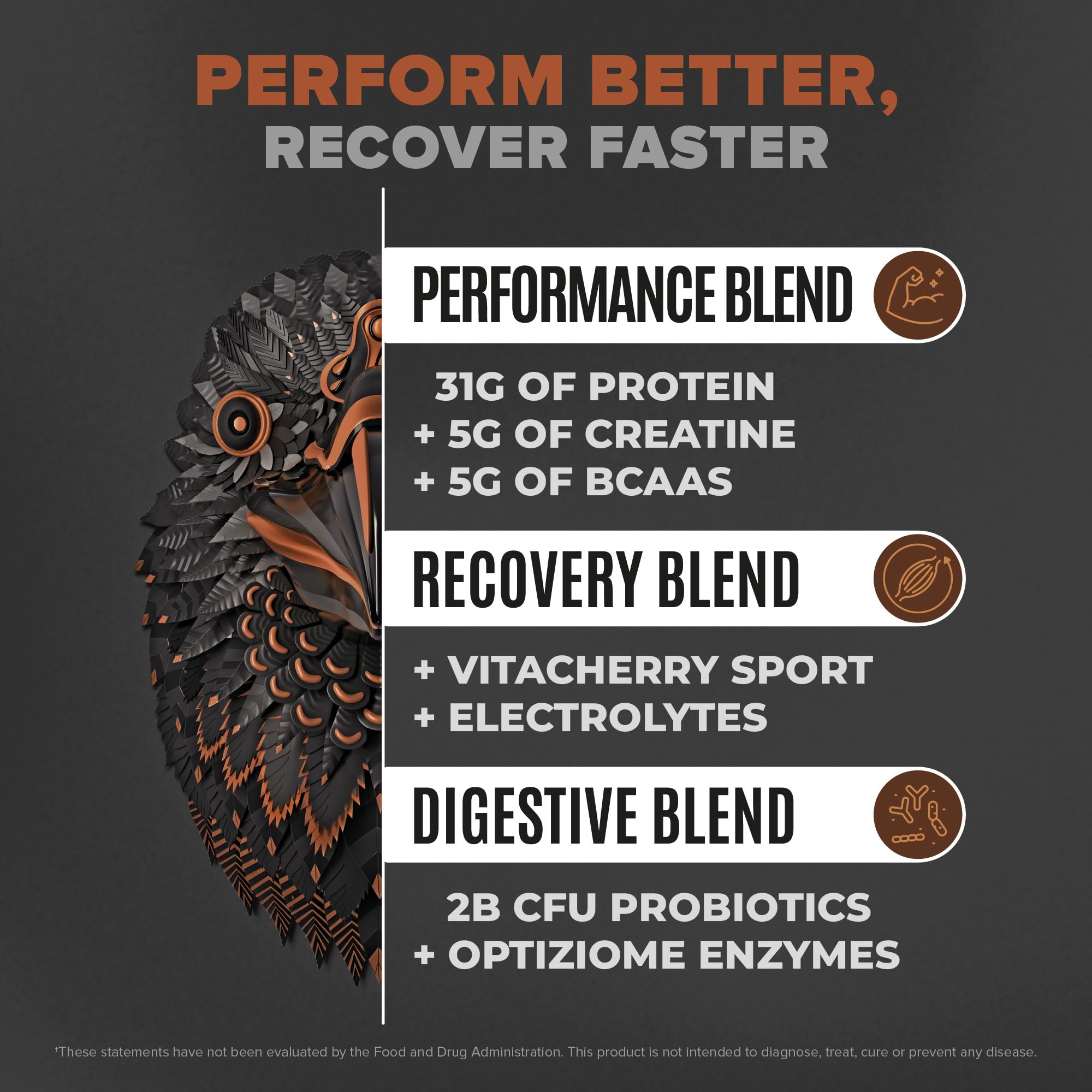Birdman Falcon Performance ingredient panel highlighting creatine and BCAAs for performance.
