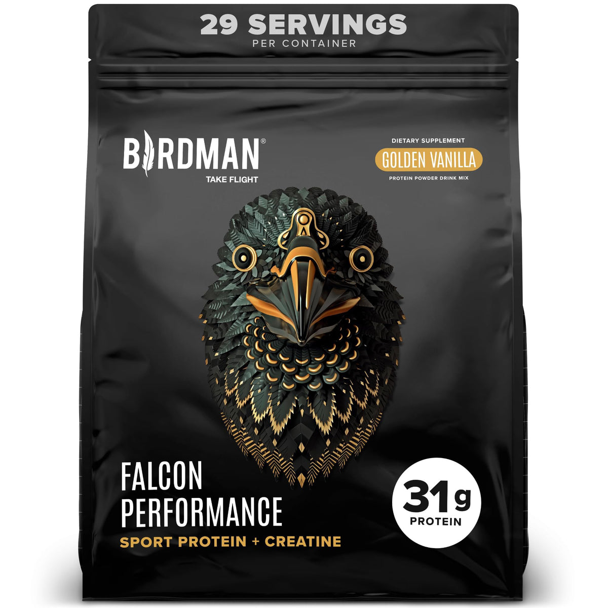 Birdman Falcon Performance vanilla bottle with plant-based protein for active lifestyles.