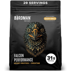Birdman Falcon Performance vanilla bottle with plant-based protein for active lifestyles.