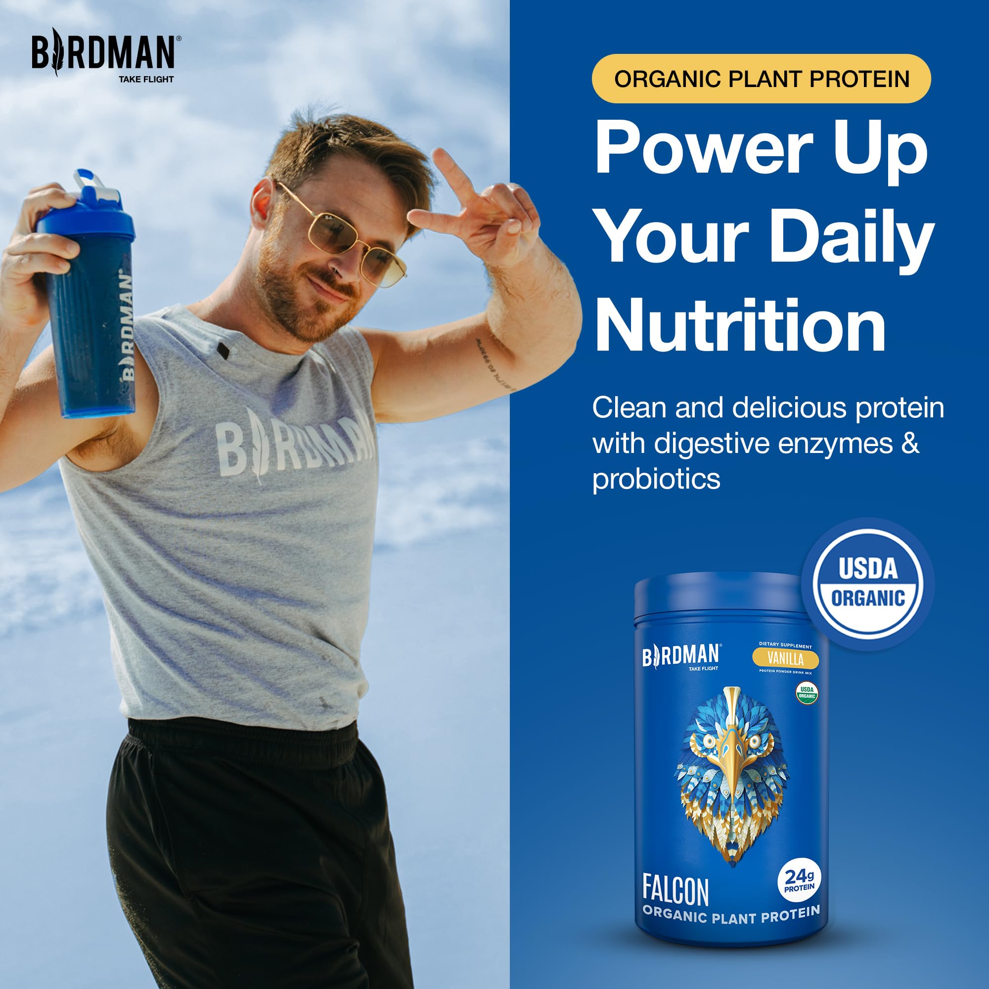 Birdman Falcon vanilla protein shake in glass showcases smooth, dairy-free flavor.