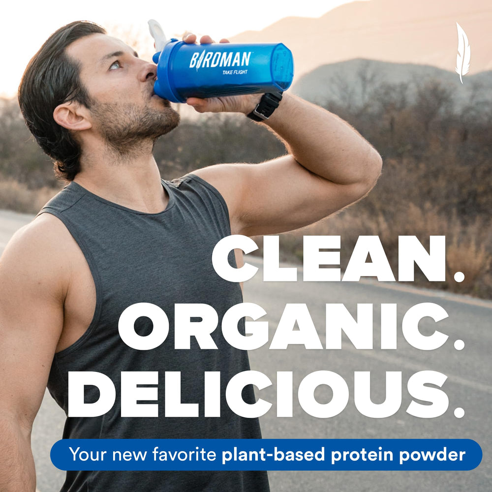 Birdman Falcon vegan protein highlights organic pea protein and probiotic blend