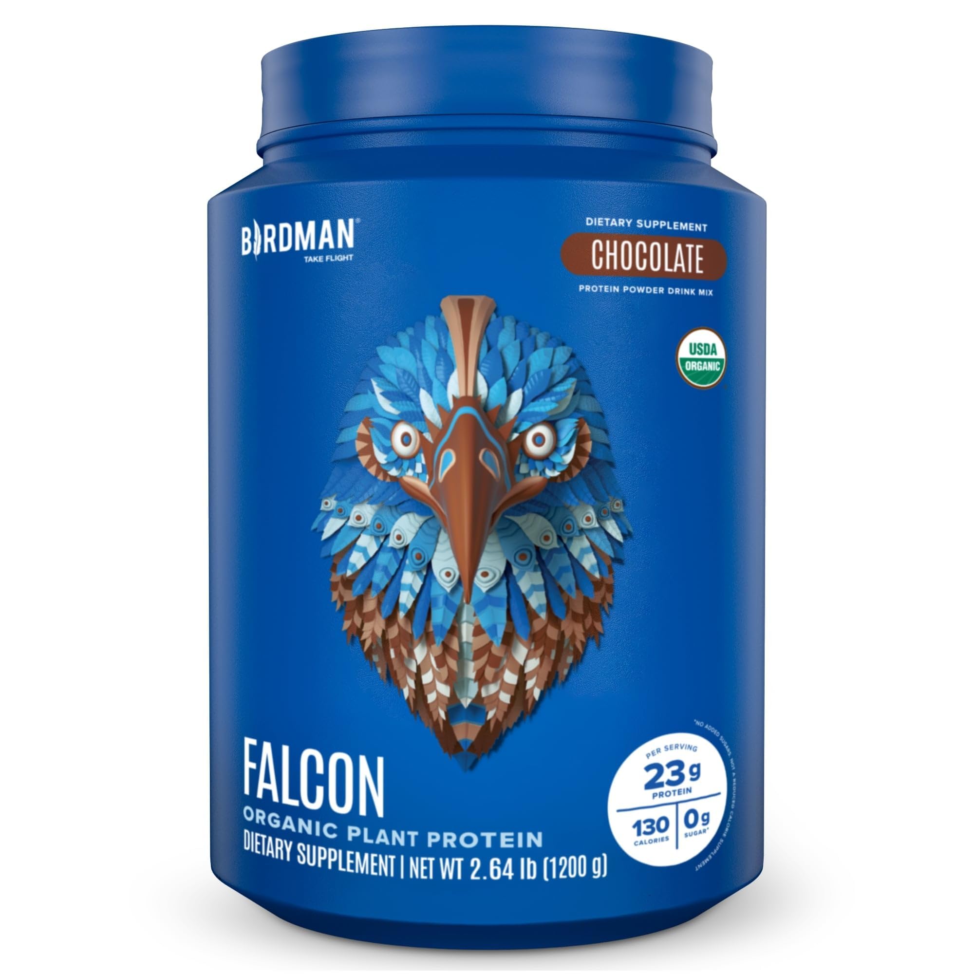 Birdman Falcon vegan protein powder chocolate tub showing clean ingredients and protein power