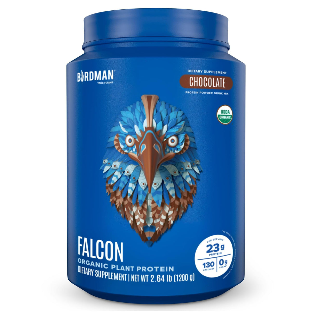 Birdman Falcon vegan protein powder chocolate tub showing clean ingredients and protein power
