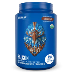 Birdman Falcon vegan protein powder chocolate tub showing clean ingredients and protein power