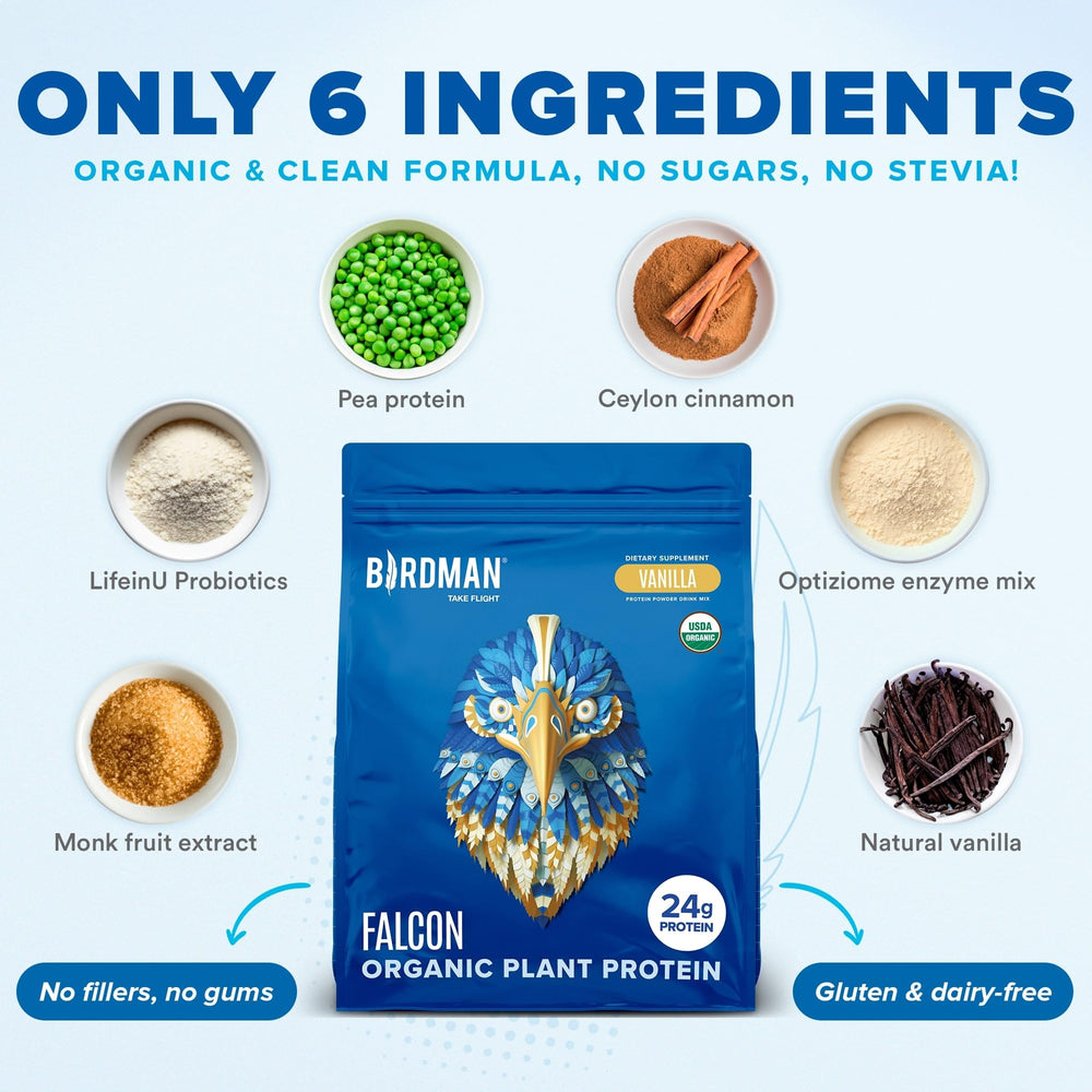 Birdman Falcon Vanilla label highlights organic ingredients and probiotic content