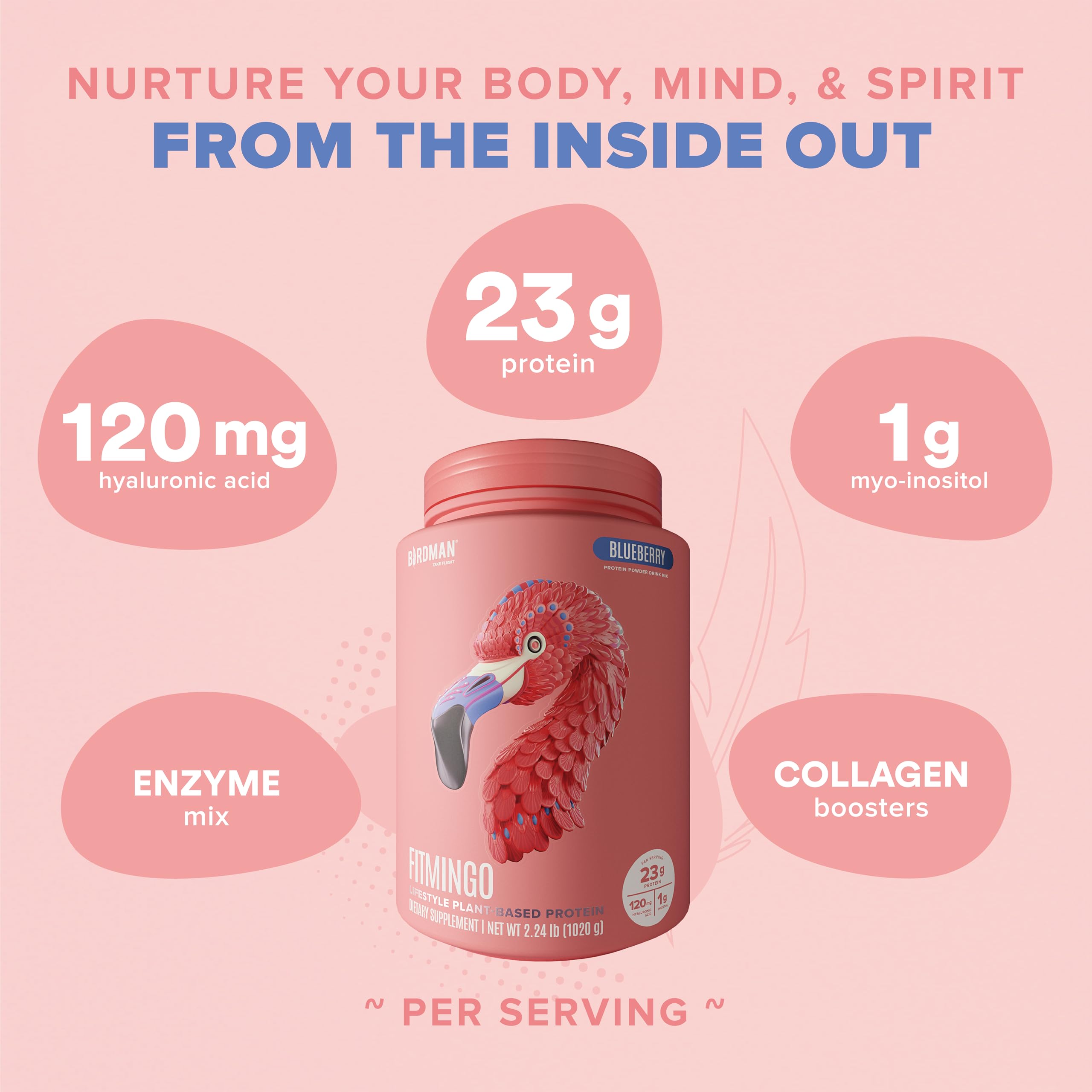 Birdman Fitmingo blueberry powder closeup captures vibrant flavor and smooth texture