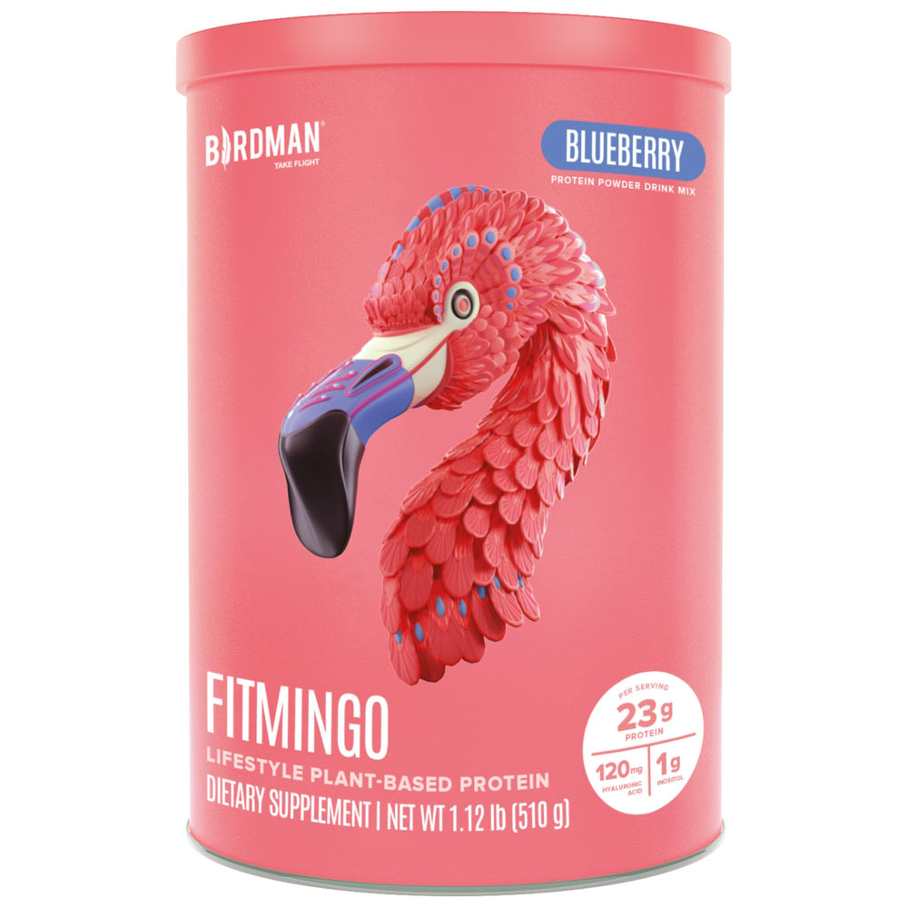 BIRDMAN Fitmingo blueberry protein bottle for post-workout recovery with plant-based nutrition