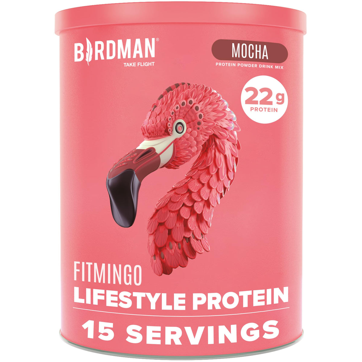 Birdman Fitmingo blueberry protein powder tub for post-workout recovery.