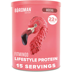 Birdman Fitmingo blueberry protein powder tub for post-workout recovery.