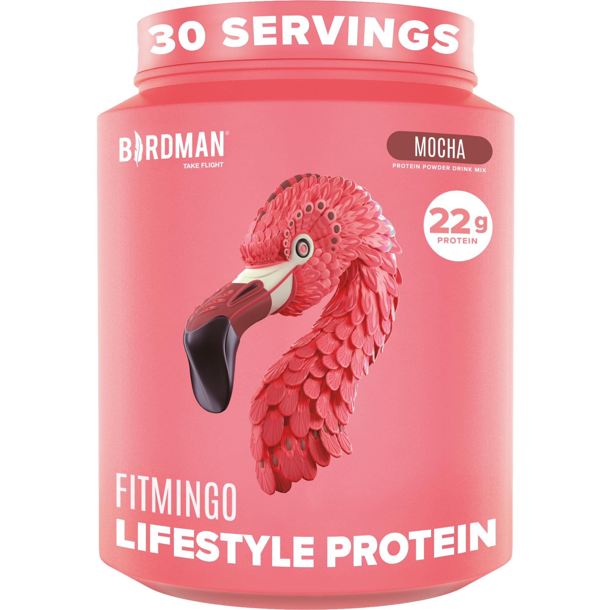 Birdman Fitmingo canister of plant based protein powder for post workout recovery.