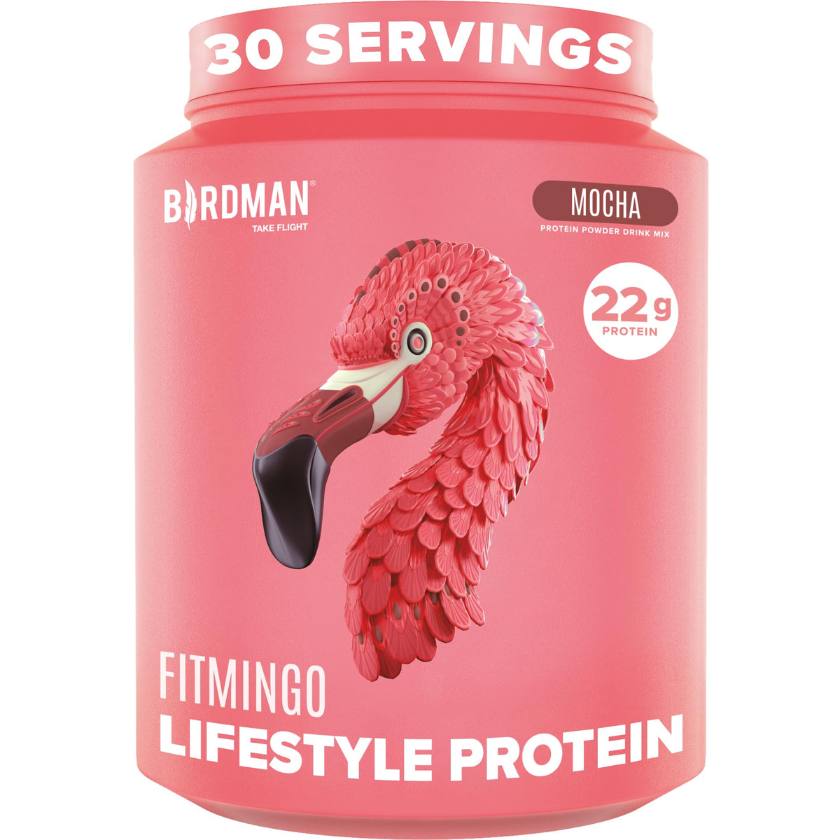 Birdman Fitmingo canister of plant based protein powder for post workout recovery.