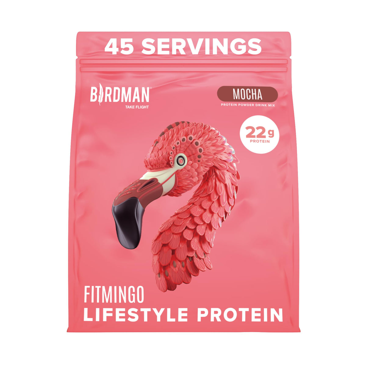 Birdman Fitmingo mocha protein powder bottle showing plant-based protein for steady energy